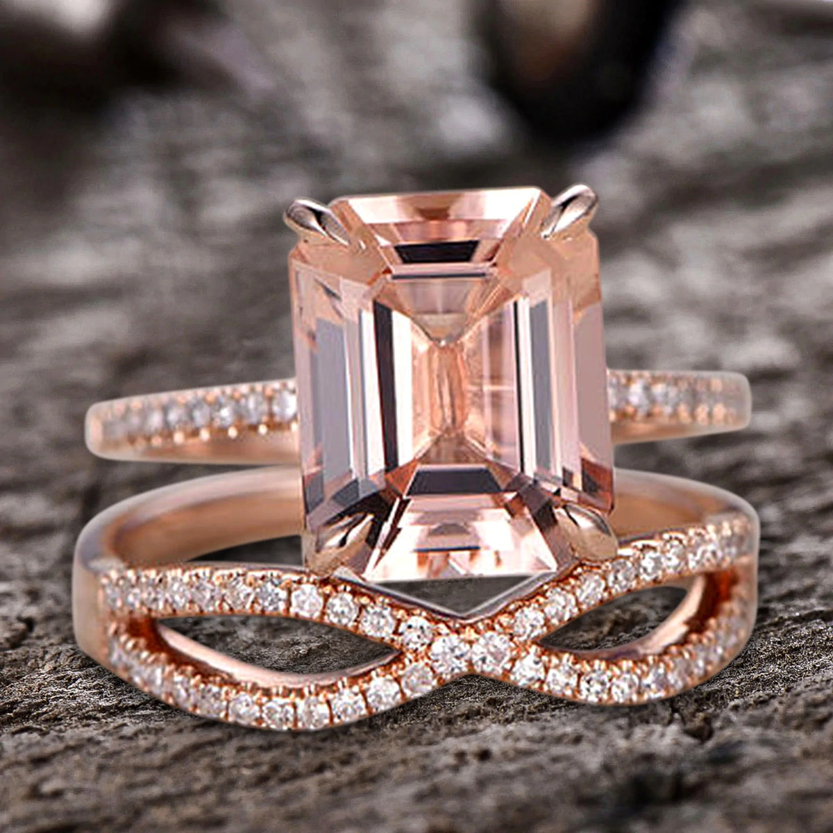 Emerald Cut Morganite Engagement Ring with Diamond Accents E727277
