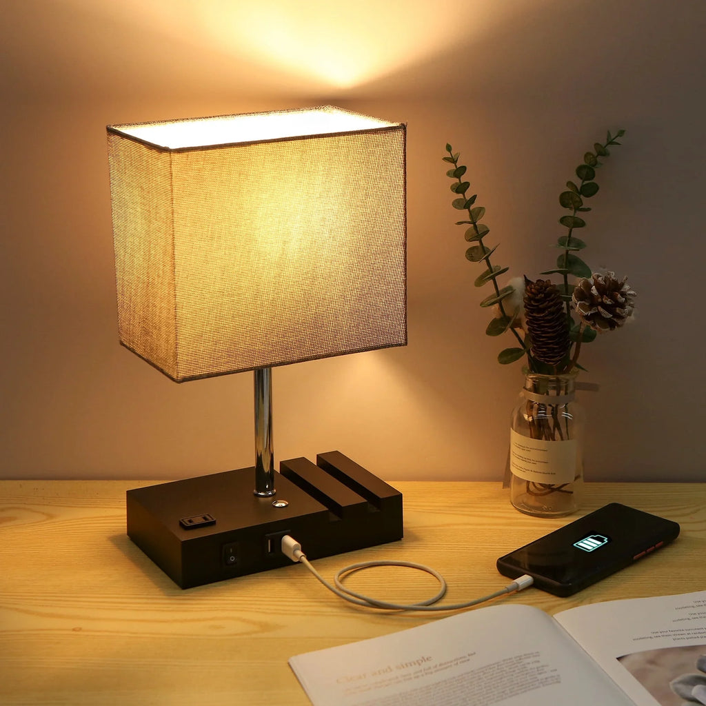 Bedside Table Lamp with USB Charging Ports and AC Outlets J763