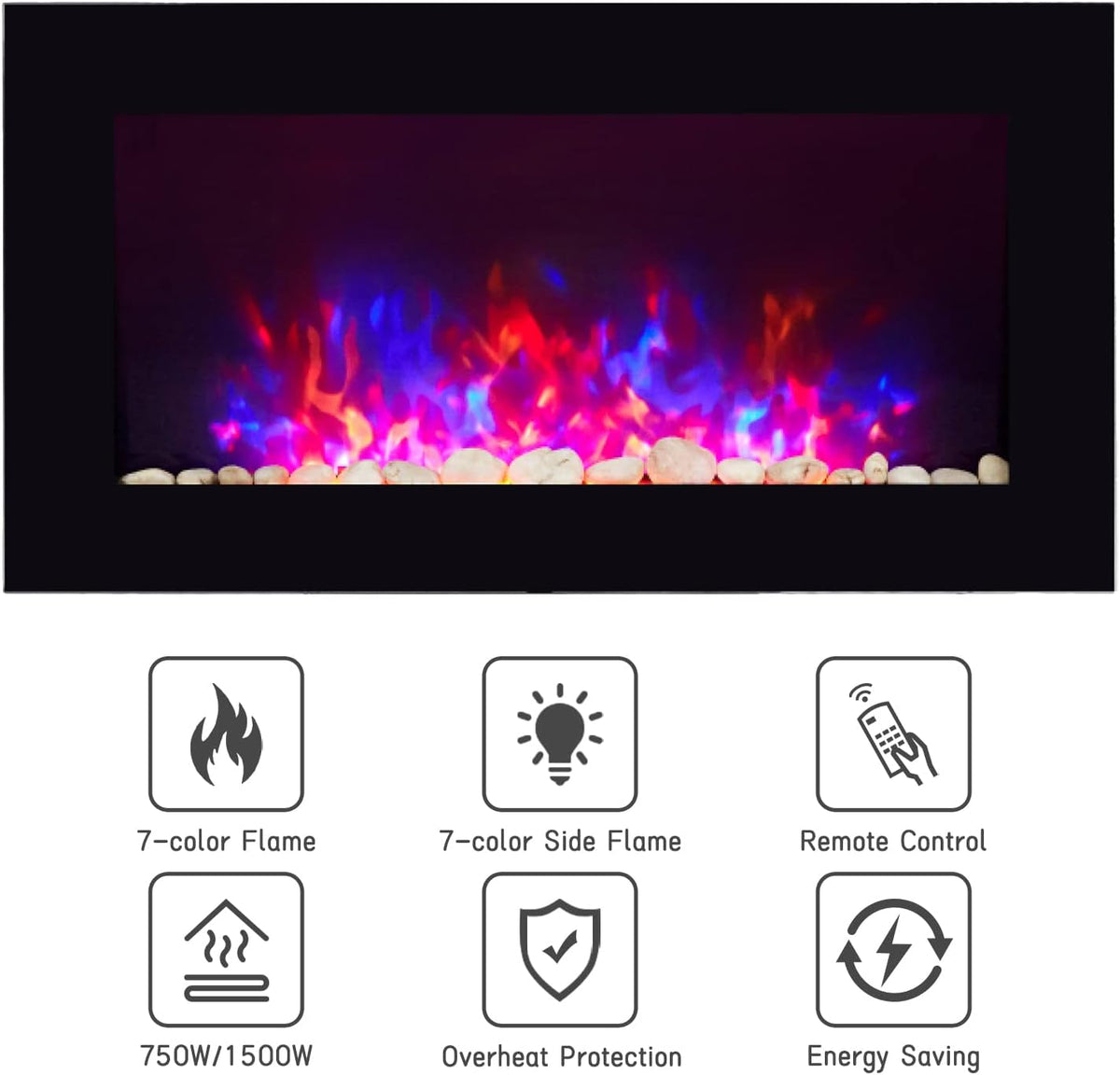 Black 36 Inch Wall-Mounted Electric Fireplace with Remote Control I1625