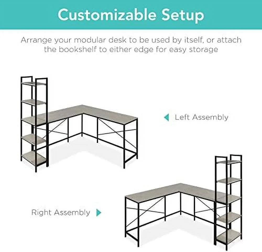 L-Shaped Corner Computer Desk with 5-Tier Bookshelves M6712