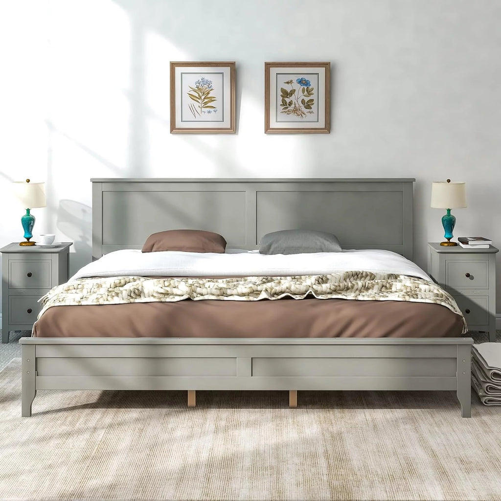 Gray Solid Wood Platform Bed Frame with Headboard H4129