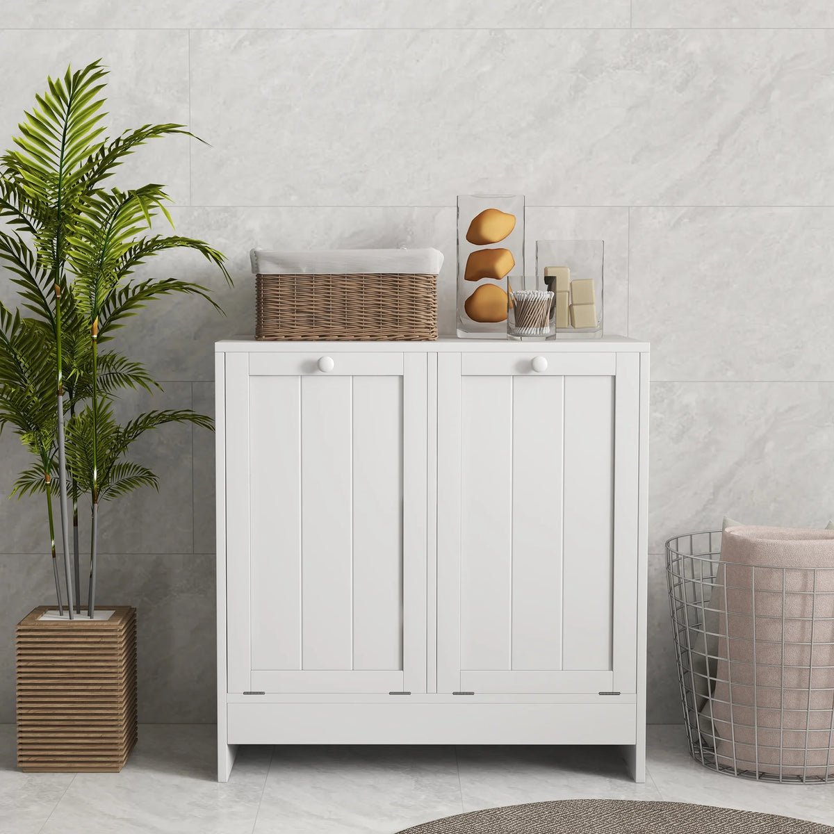 White Tilt-out Laundry Storage Cabinet with 2 Hamper Compartments J440