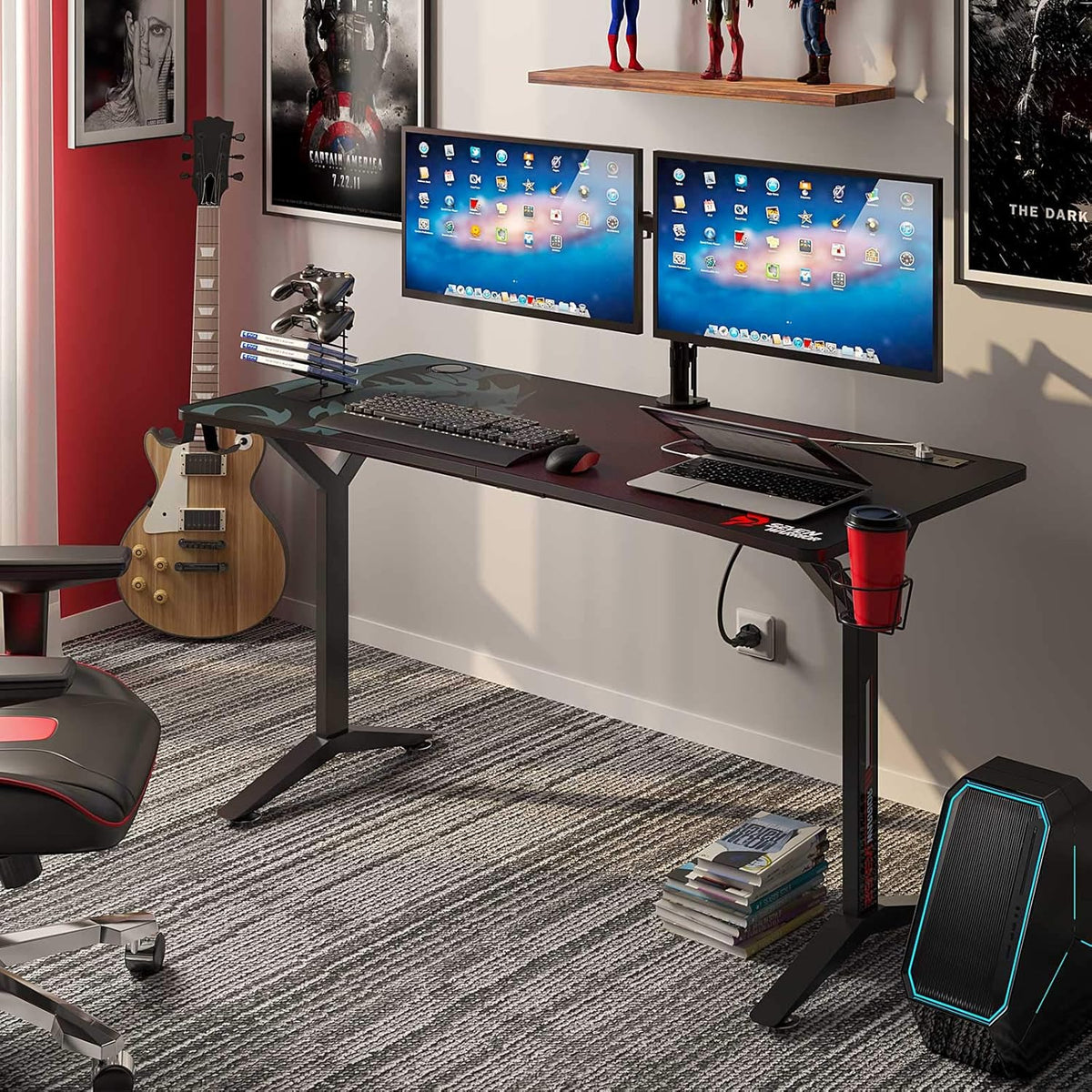 Gaming Desk 55INCH with Power Outlet & Dual Monitor Mount, Carbon Fiber Surface T7278