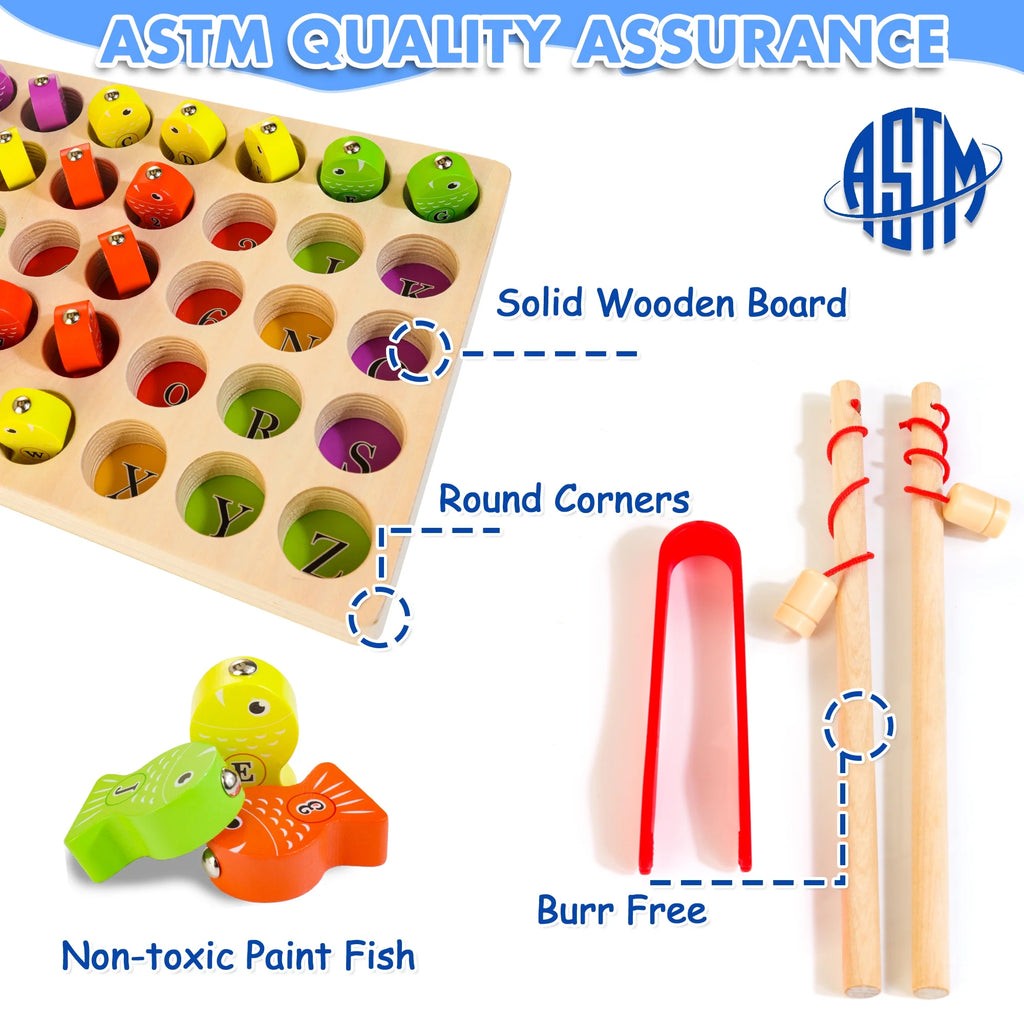 48 Pcs Wooden Magnetic Fishing Toy with 2 Rods 1 Tweezer 8 Activity Cards K458046