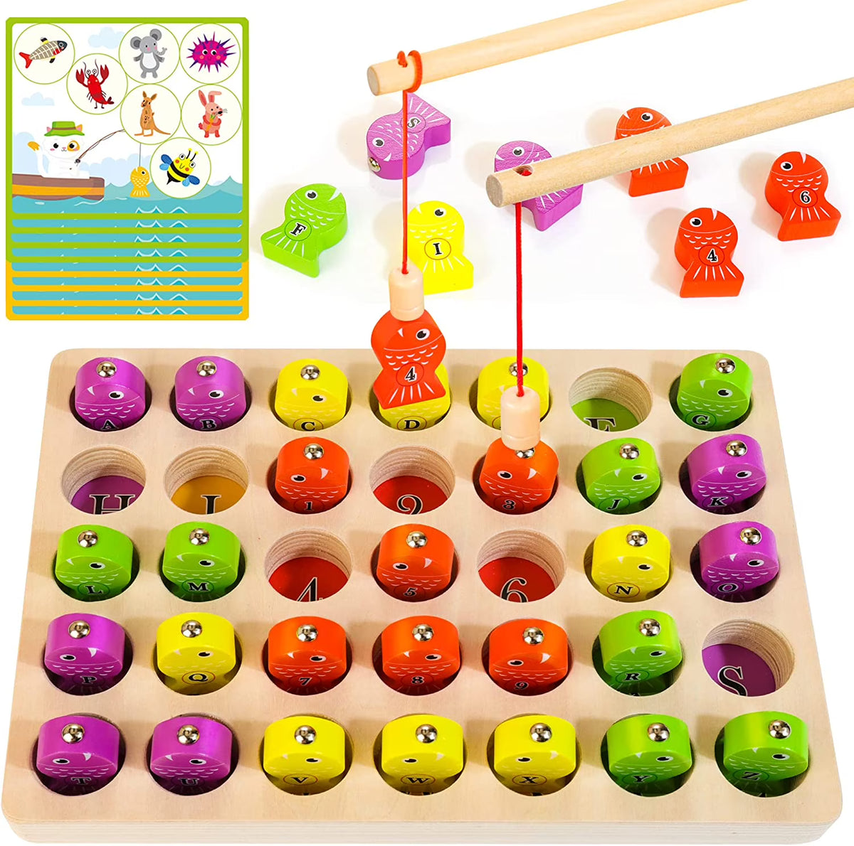 48 Pcs Wooden Magnetic Fishing Toy with 2 Rods 1 Tweezer 8 Activity Cards K458046