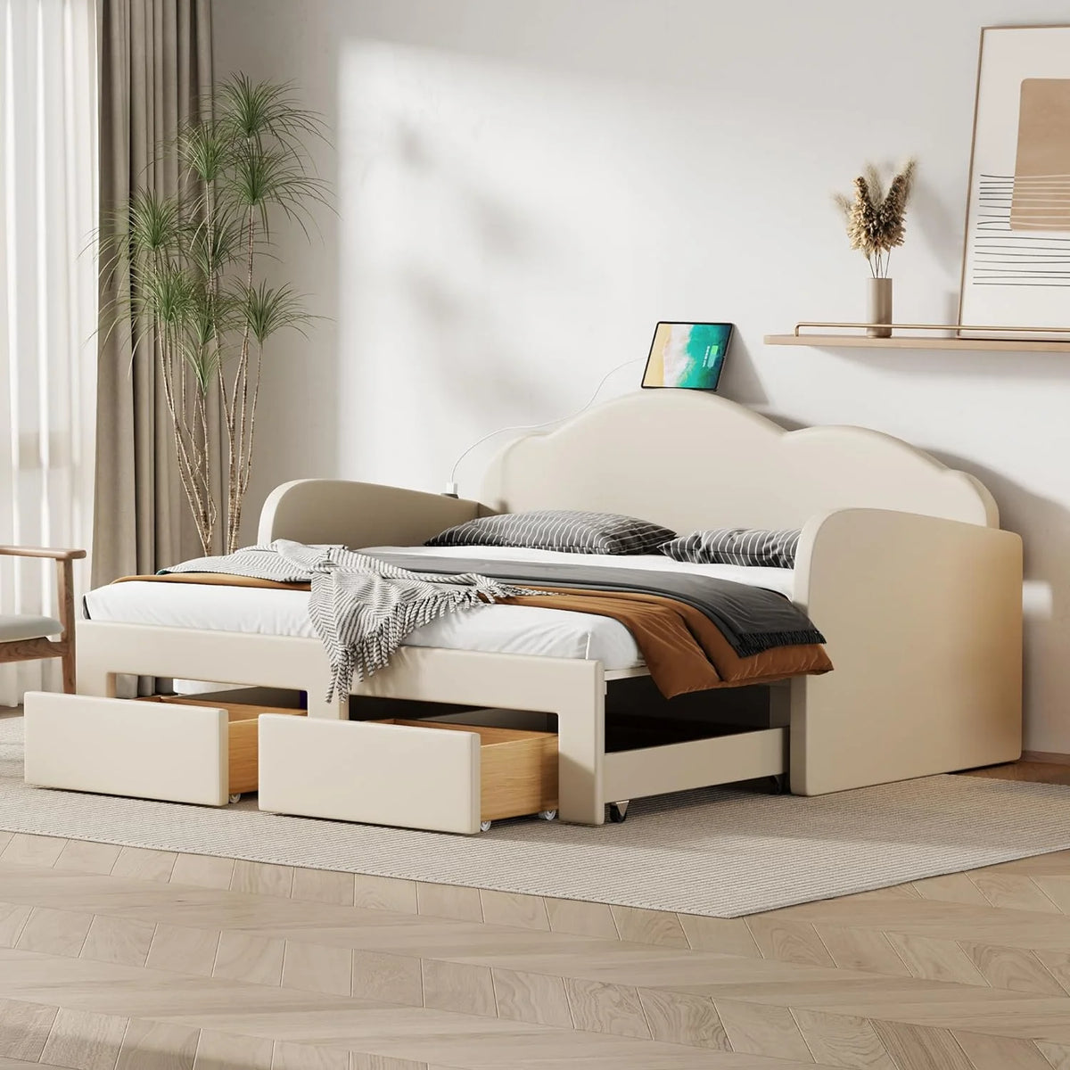 Beige Upholstered Daybed with Storage Drawers and Trundle Z1316