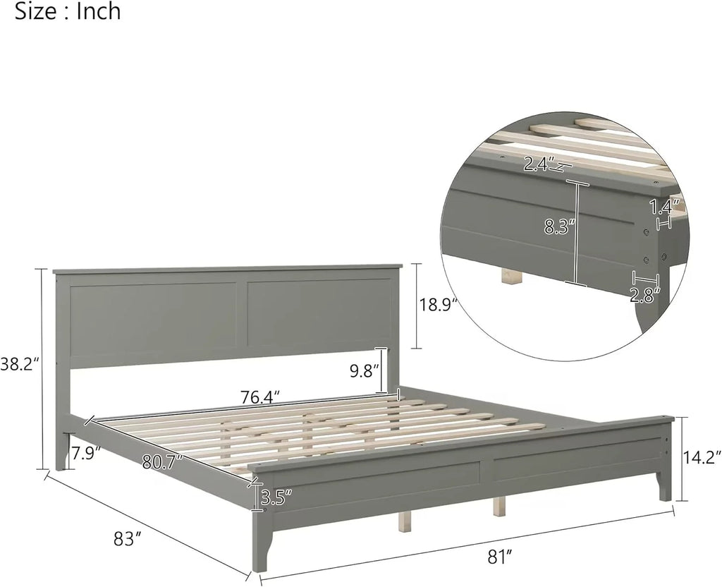 Gray Solid Wood Platform Bed Frame with Headboard H4129