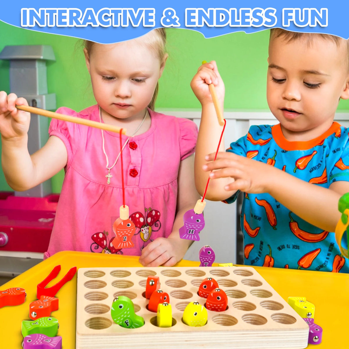 48 Pcs Wooden Magnetic Fishing Toy with 2 Rods 1 Tweezer 8 Activity Cards K458046