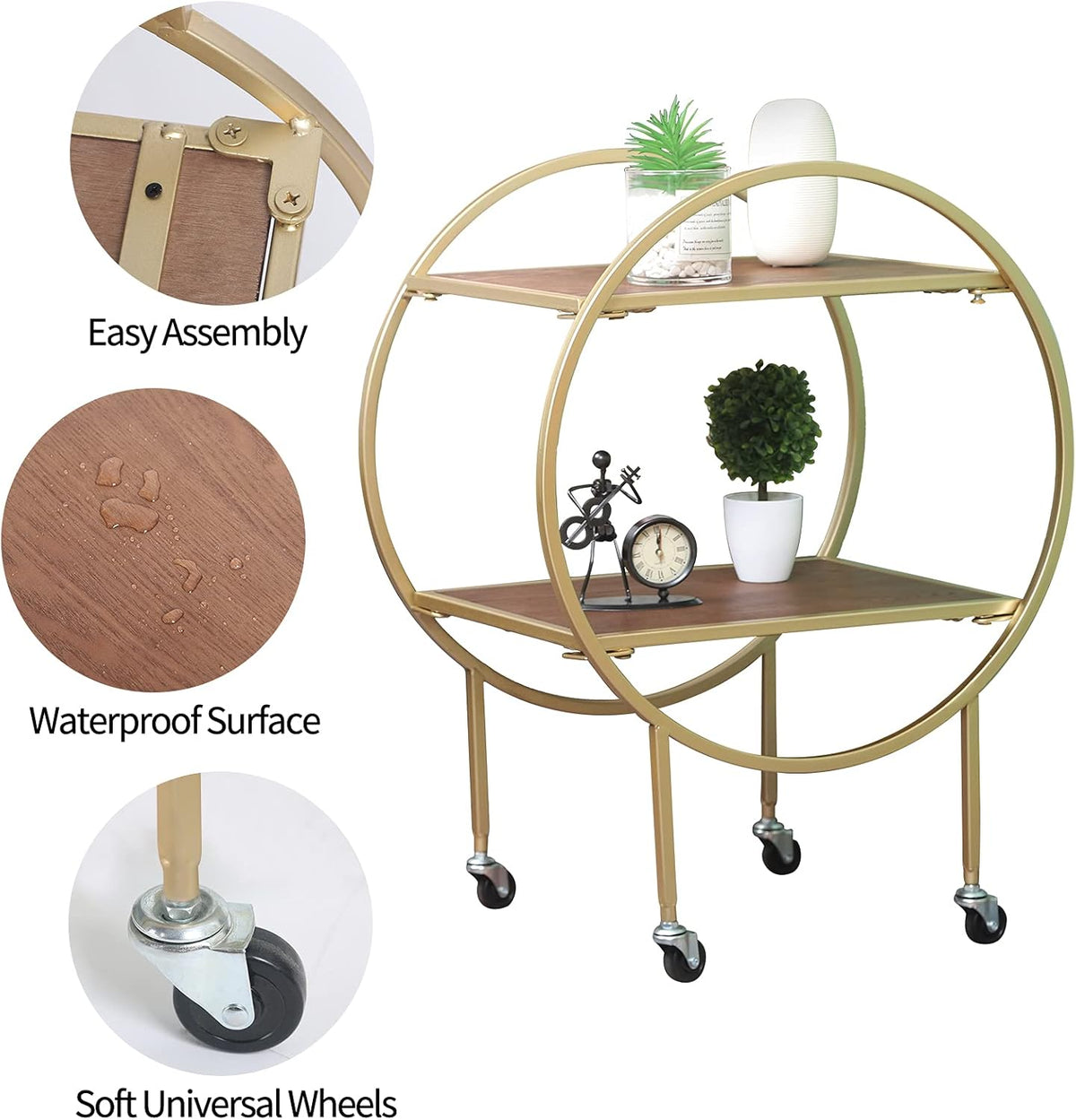 2-Tier Round Side Table with Wheels Metal Frame Removable Nightstand Utility Rolling Cart N84898