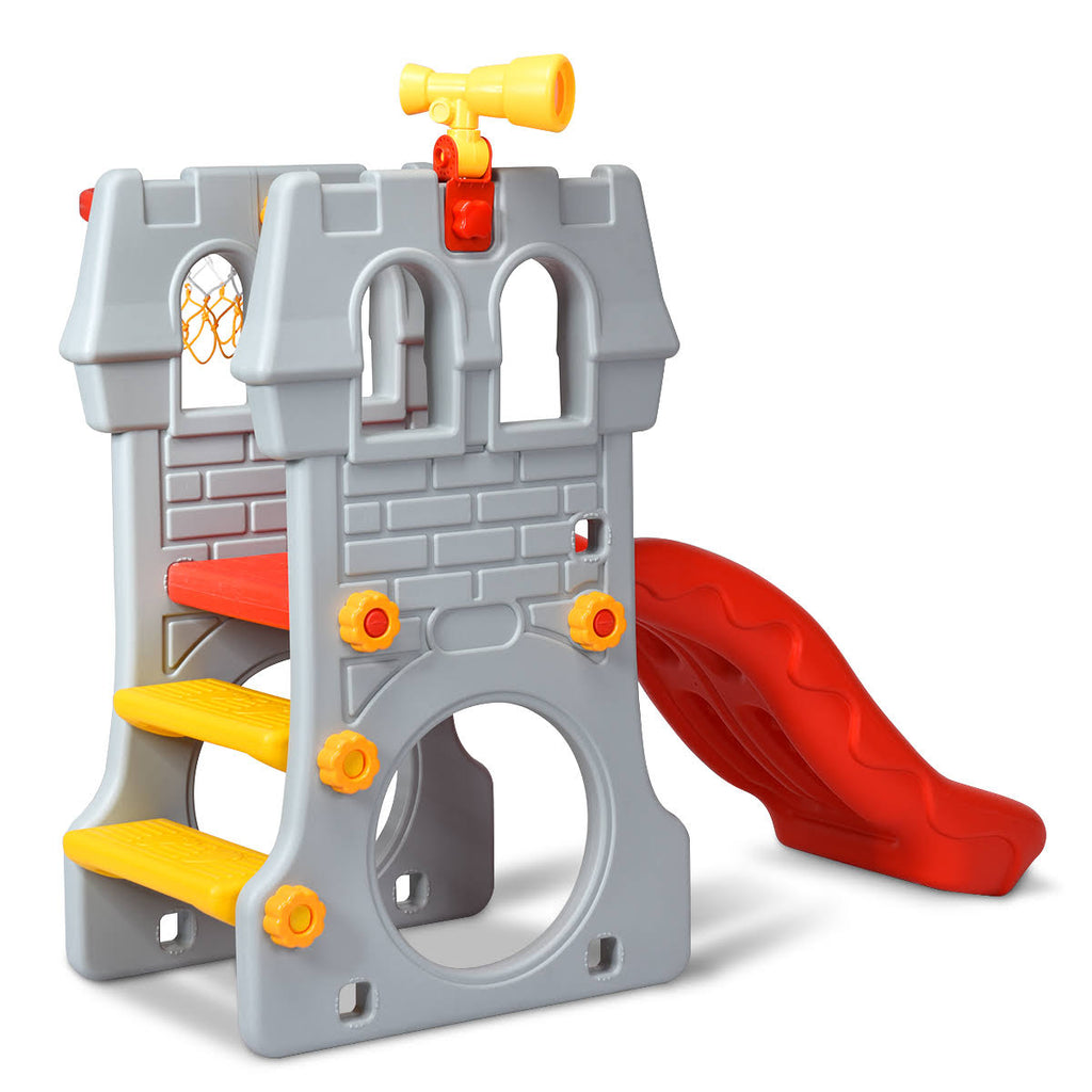 Red Gray Yellow Children Castle Slide with Basketball Hoop and Telescope J905