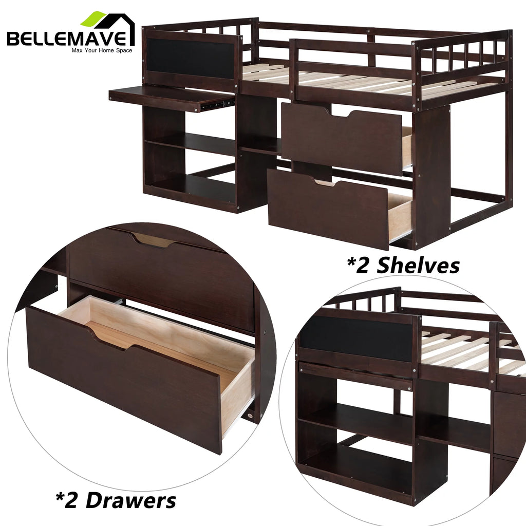 Twin Size Loft Bed with Rolling Desk, Storage Shelves and Chalkboard B3178