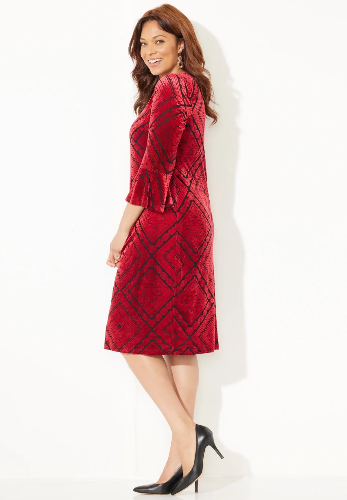 Velvet Burnout Bell Sleeve Dress Z531728