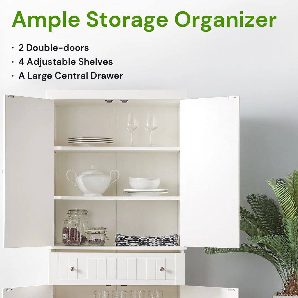 White Tall Freestanding Kitchen Pantry Cabinet with Doors and Adjustable Shelves J4418