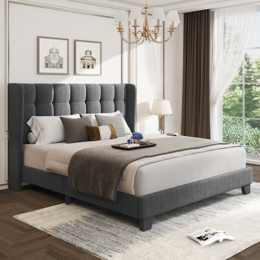 Grey Queen Size Platform Bed Frame with Tufted Headboard B747431