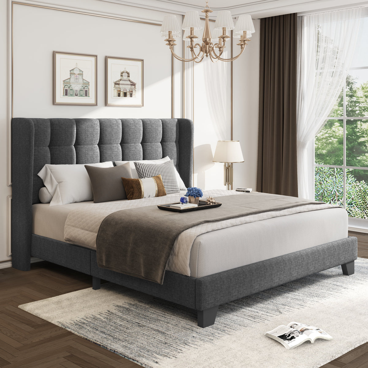 Grey Queen Size Platform Bed Frame with Tufted Headboard B747431