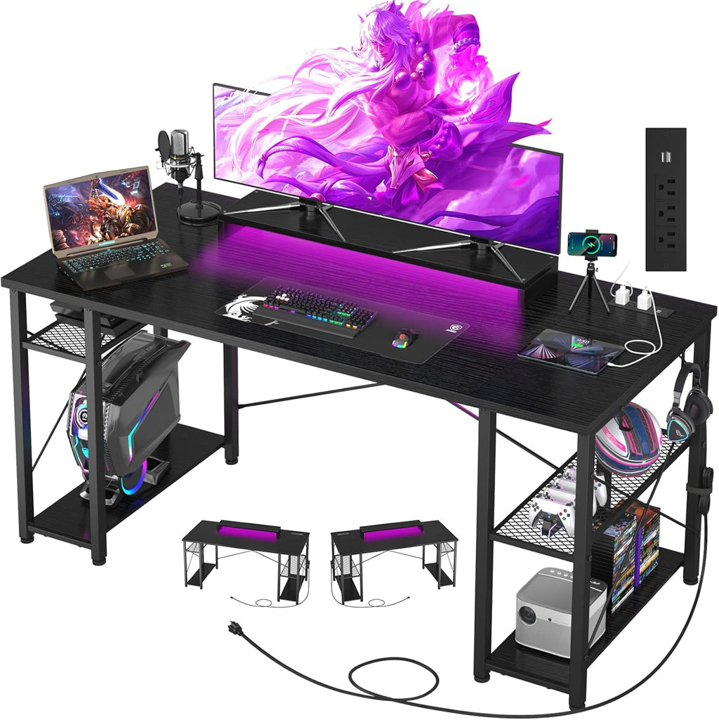 Black 55 Inch Gaming Desk with LED Lights and Power Outlet L2421