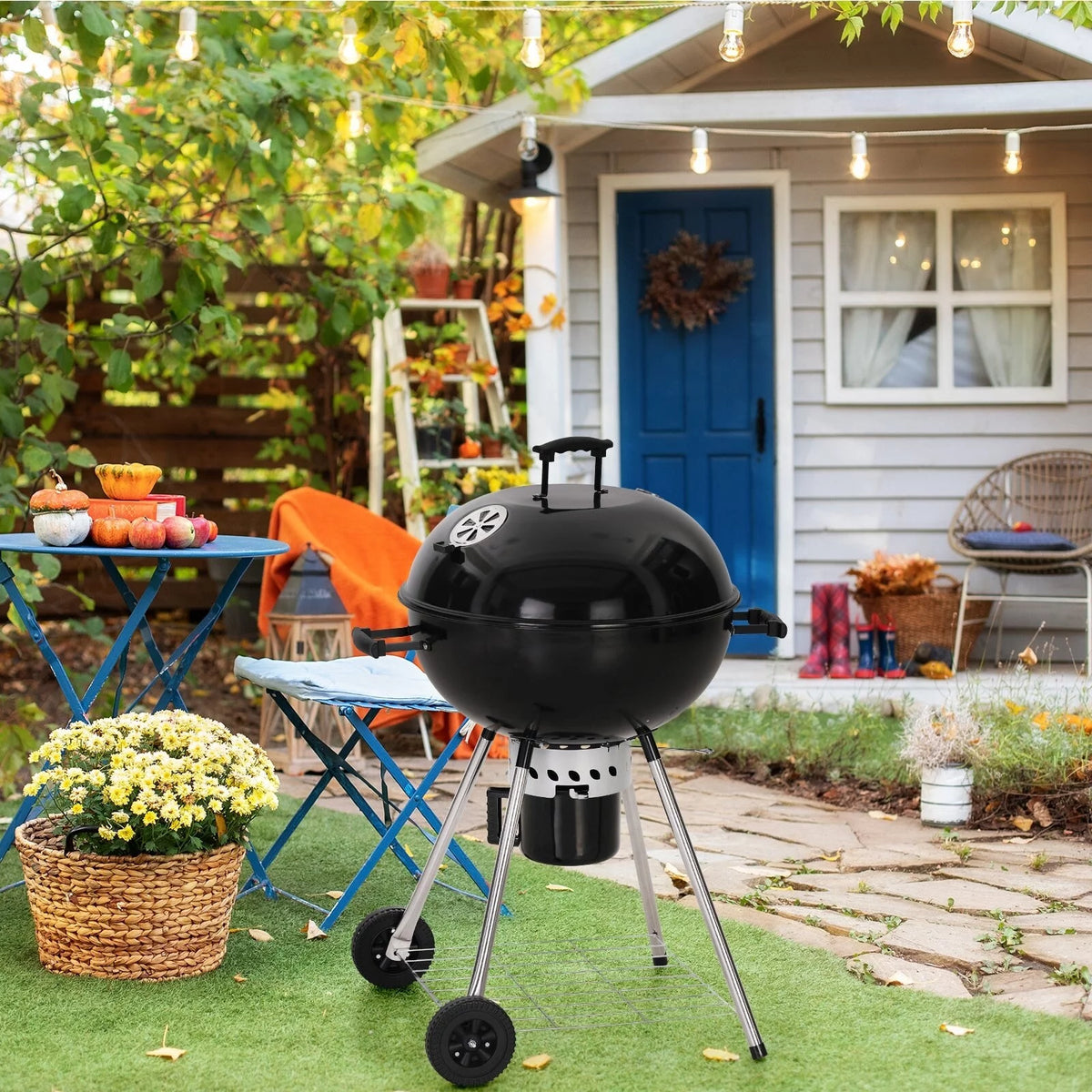 22" Enamel Charcoal Kettle Grill with Thermometer I635864