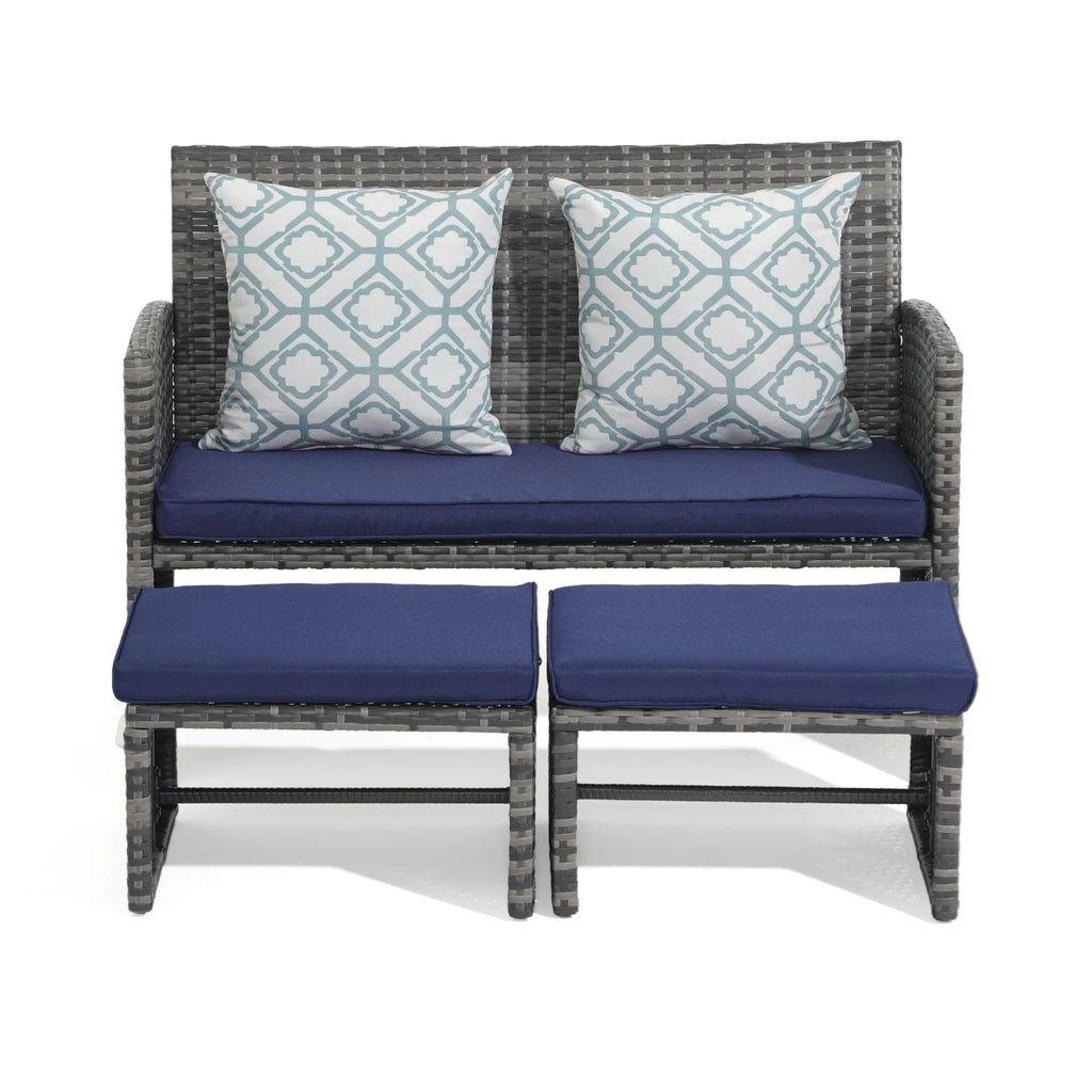 Grey Wicker Outdoor Loveseat with Ottoman and Pillows R6484
