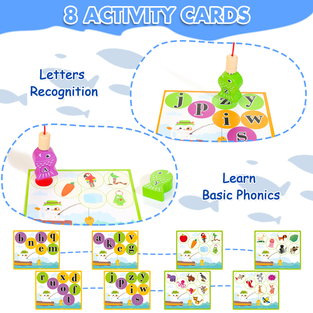 48 Pcs Wooden Magnetic Fishing Toy with 2 Rods 1 Tweezer 8 Activity Cards K458046