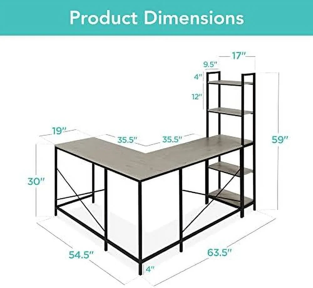L-Shaped Corner Computer Desk with 5-Tier Bookshelves M6712
