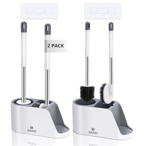 2-Way Toilet Brush with Ventilated Holder Silicone and Bristle Brushes with Aluminum Handle E92210