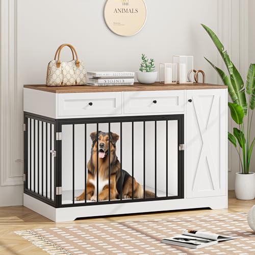 White Wooden Dog Crate with Double Doors and 2 Drawers Q475