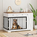 White Wooden Dog Crate with Double Doors and 2 Drawers Q475