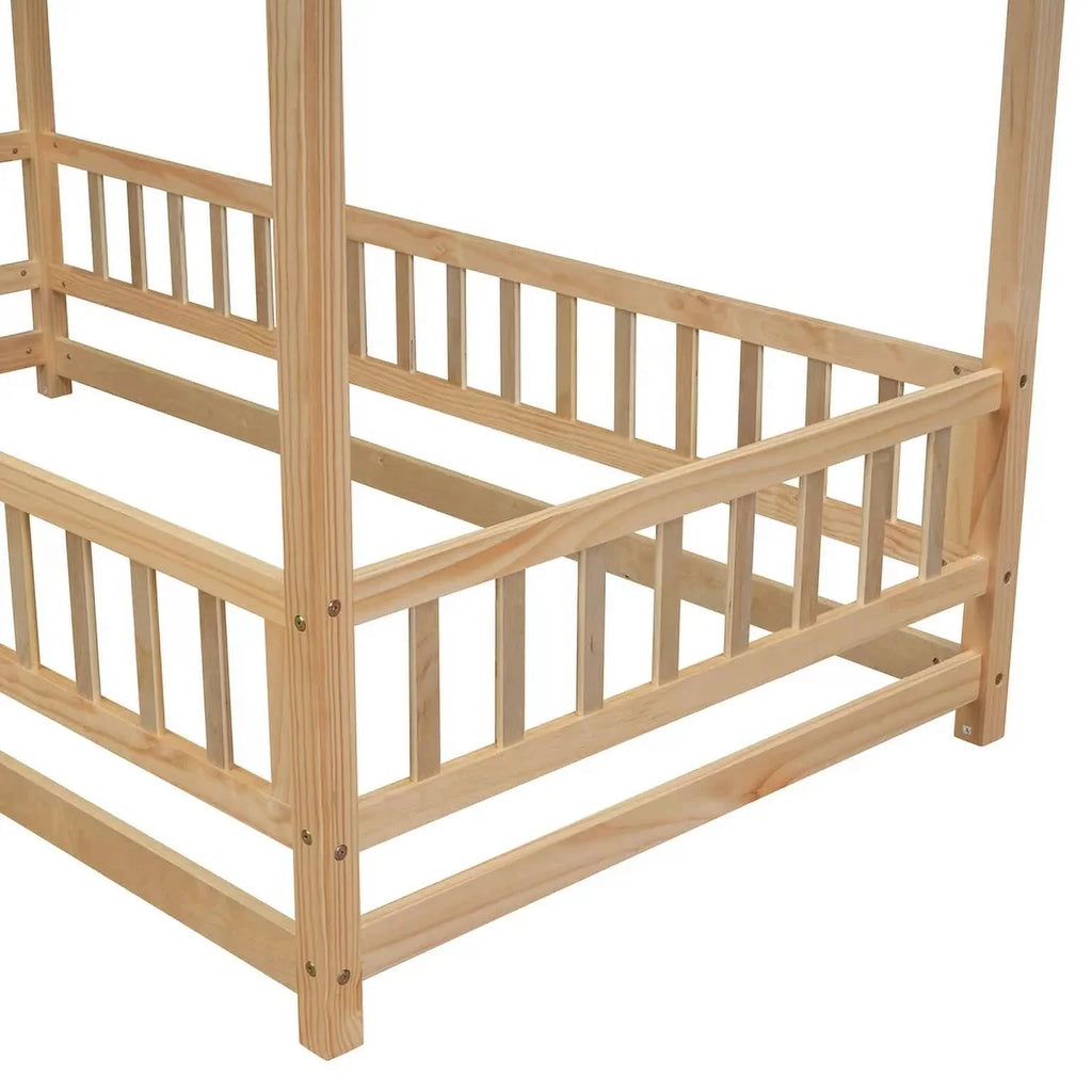 Twin Size Wood House Floor Bed with Fence Guardrails R7978
