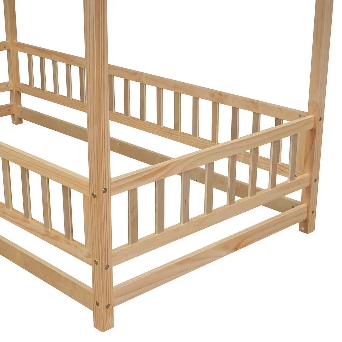 Twin Size Wood House Floor Bed with Fence Guardrails R7978