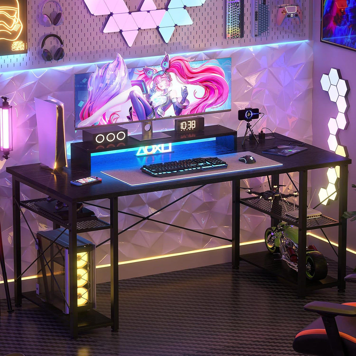 Black 55 Inch Gaming Desk with LED Lights and Power Outlet L2421