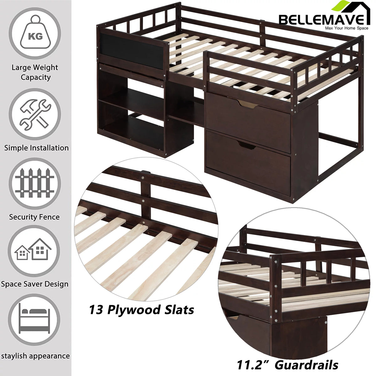 Twin Size Loft Bed with Rolling Desk, Storage Shelves and Chalkboard B3178
