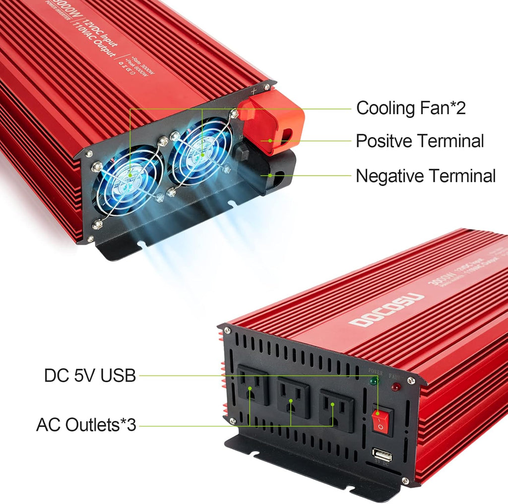 3000W Power Inverter with Dual AC Outlets & USB Port, DC12 to 24V, Modified Sine Wave K6690