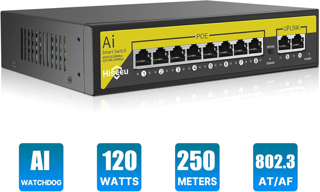 8 Port PoE Switch with 2 Ethernet Uplink Ports, 120 W, Metal Case W28223