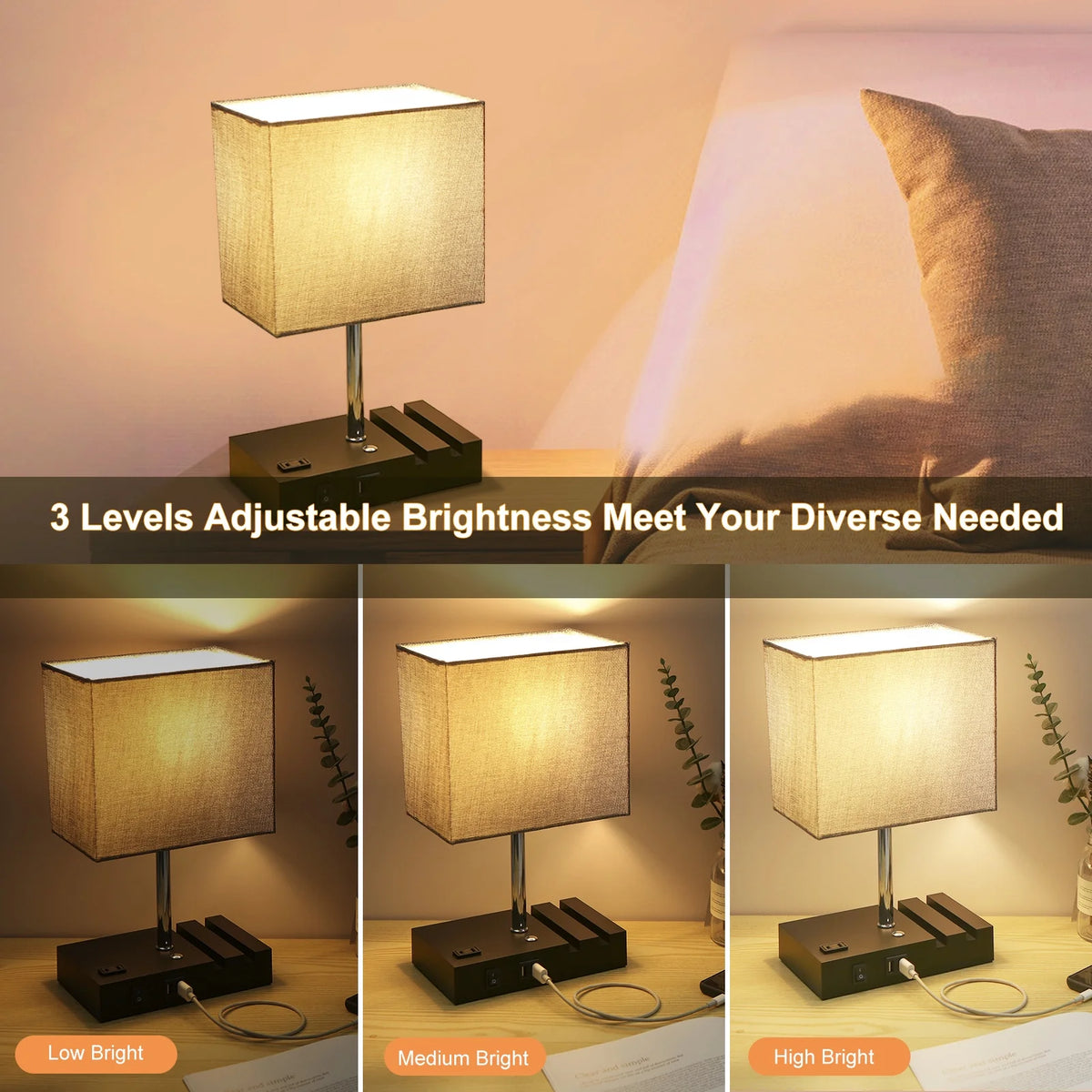 Bedside Table Lamp with USB Charging Ports and AC Outlets J763