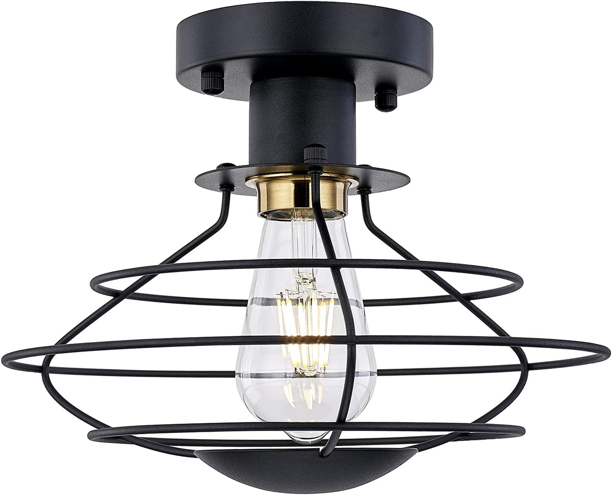Industrial Semi Flush Mount Ceiling Light, 11 Inch Metal Black Cage V8018