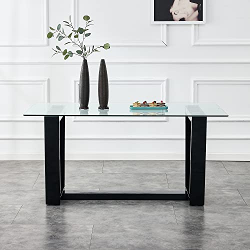 Glass Dining Table Set for 6 with Black Bracket Pedestal H1532