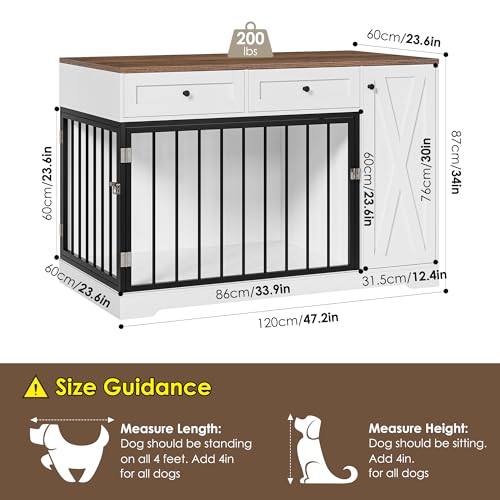 White Wooden Dog Crate with Double Doors and 2 Drawers Q475