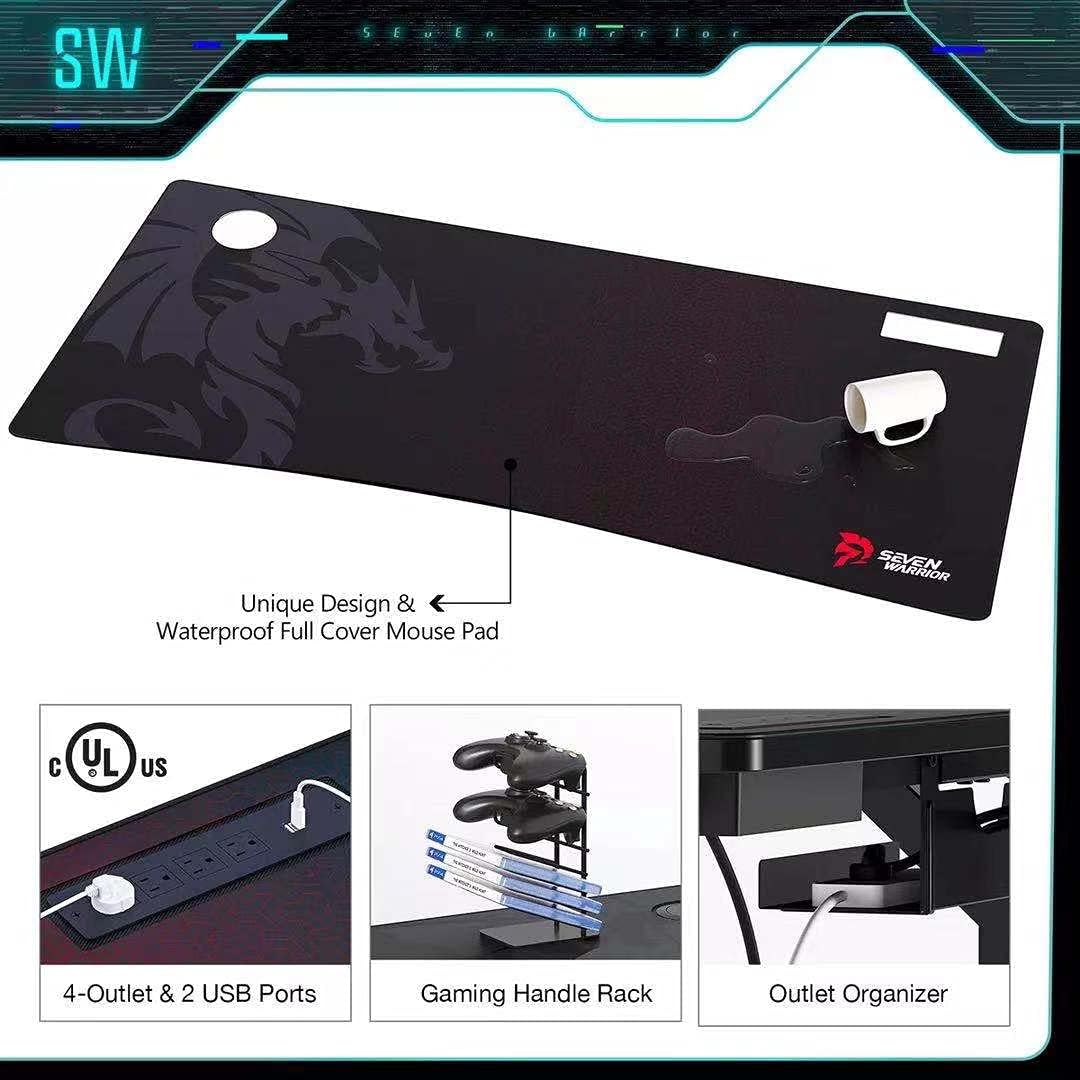 Gaming Desk 55INCH with Power Outlet & Dual Monitor Mount, Carbon Fiber Surface T7278