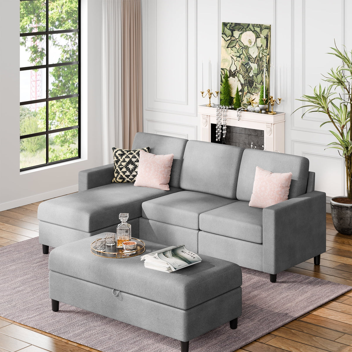 L Shaped 4 Seat Sectional Sofa with Storage Ottoman S37318