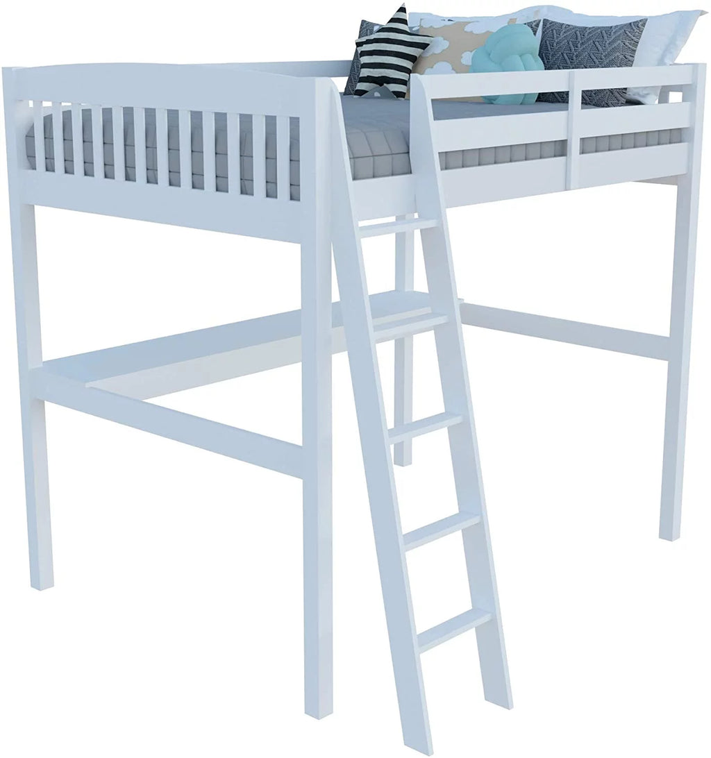 Solid Wood White Twin Size Loft Bed Frame with Desk & Stairs M9136