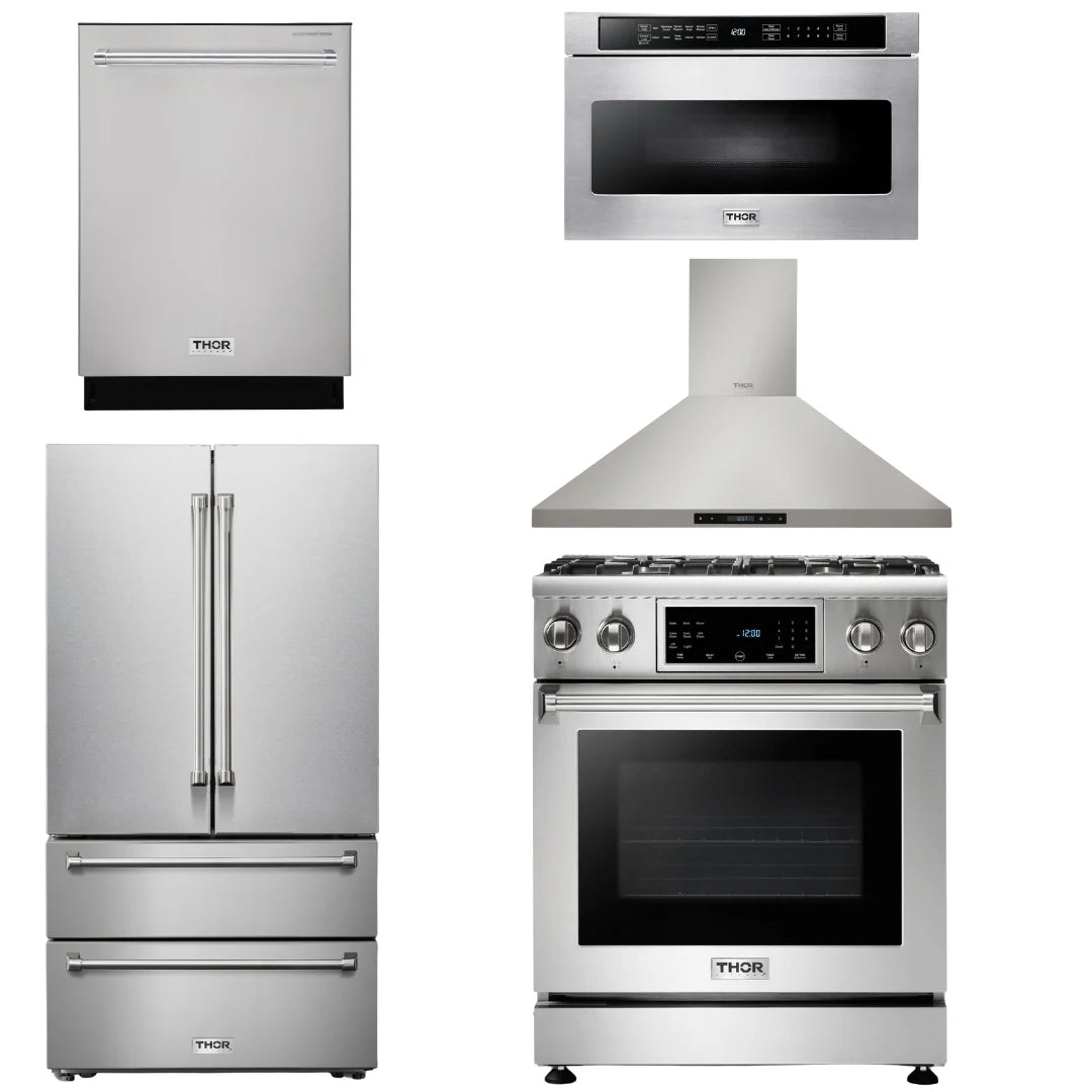 30 In. Propane Gas Range, Range Hood, Microwave Drawer, Refrigerator, Dishwasher Q52183