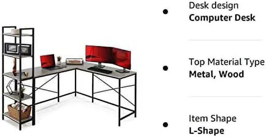 L-Shaped Corner Computer Desk with 5-Tier Bookshelves M6712