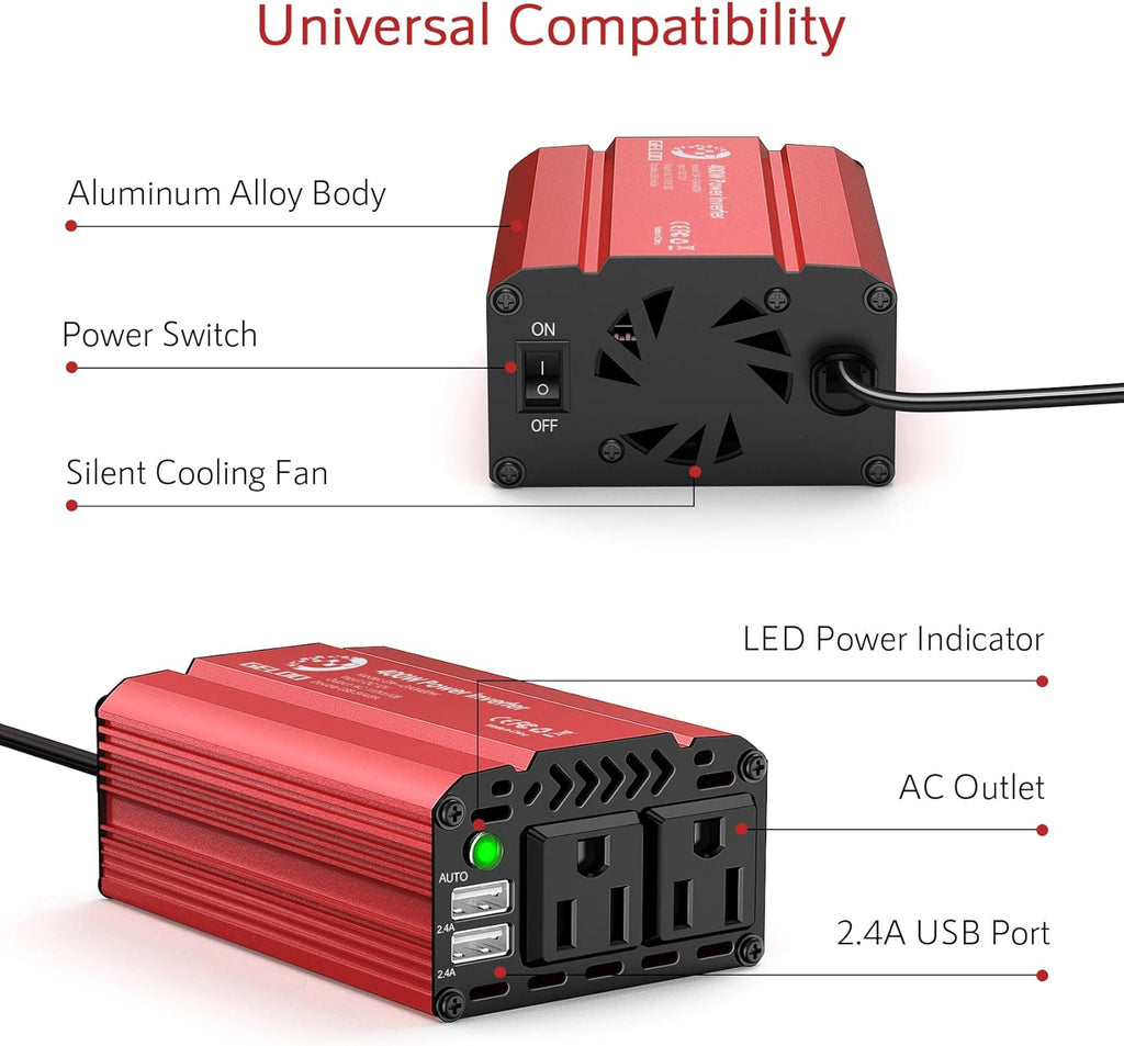 400W Car Power Inverter DC 12V to AC 110V with 4.8A Dual USB, Pack of 2 C7945