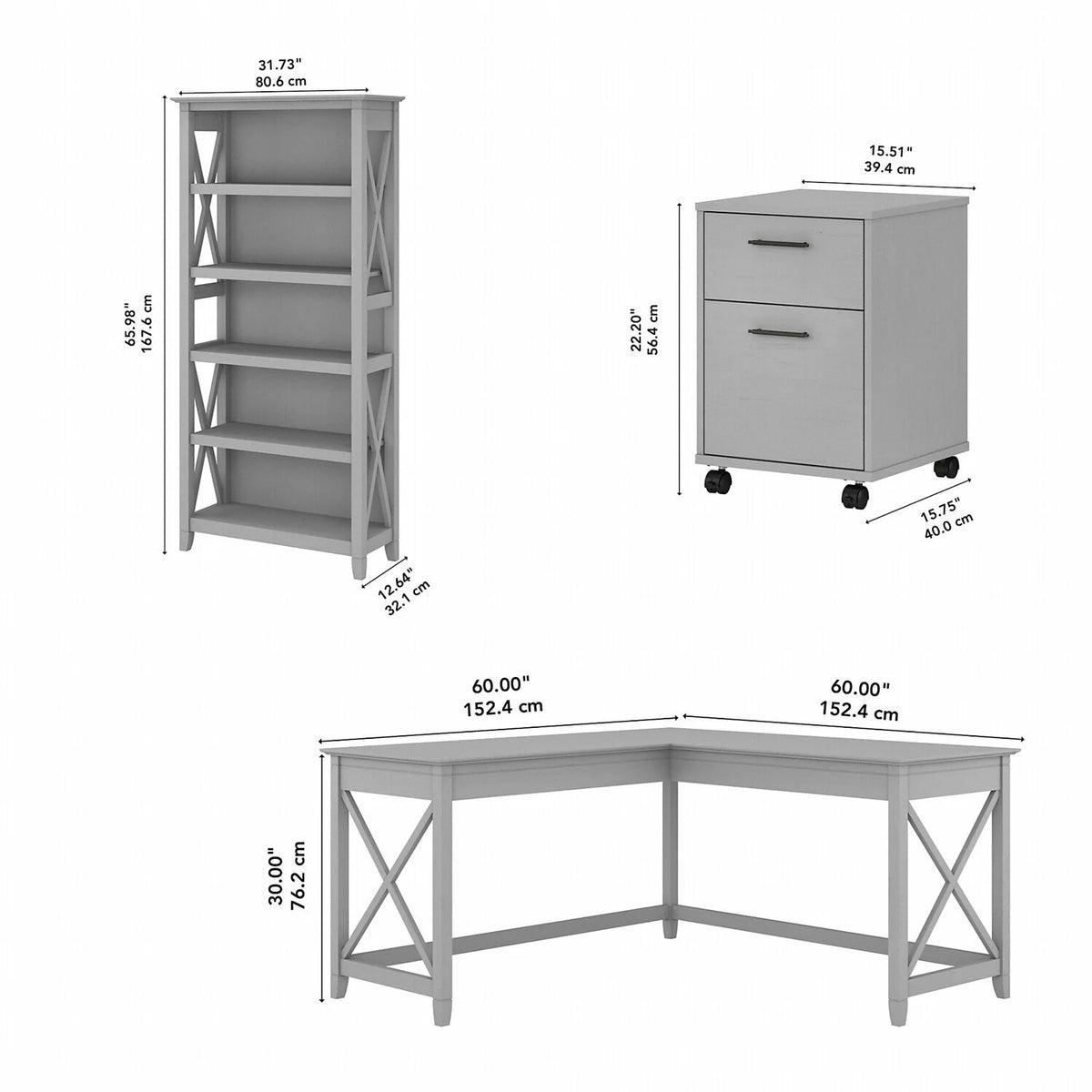 L Shaped Desk with 2 Drawer File Cabinet and 5 Shelf Bookcase A17220