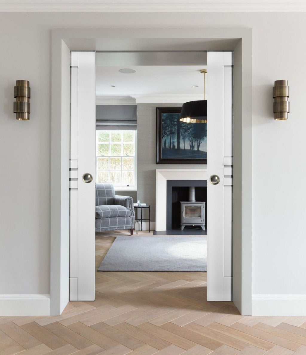 White Silk MDF Double Pocket Doors with Kit Rail Hardware T87588
