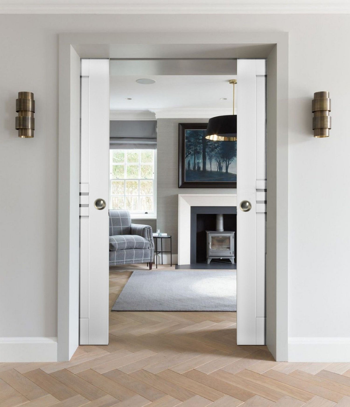 White Silk MDF Double Pocket Doors with Kit Rail Hardware T87588