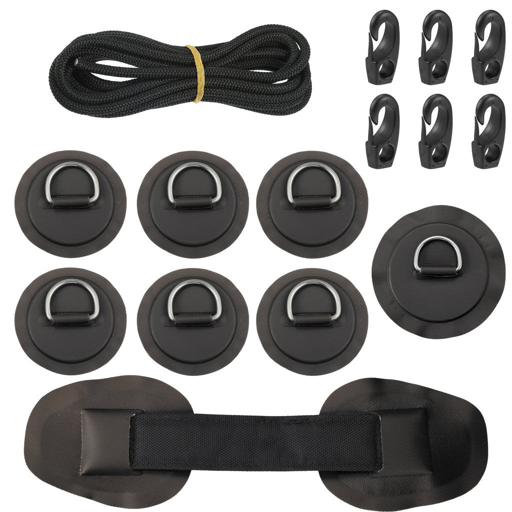 7pcs PVC Patch Round Shape D Ring 11.5ft Elastic Shock Rope with 6 Hooks Accessories for Inflatable Boat Black H97241