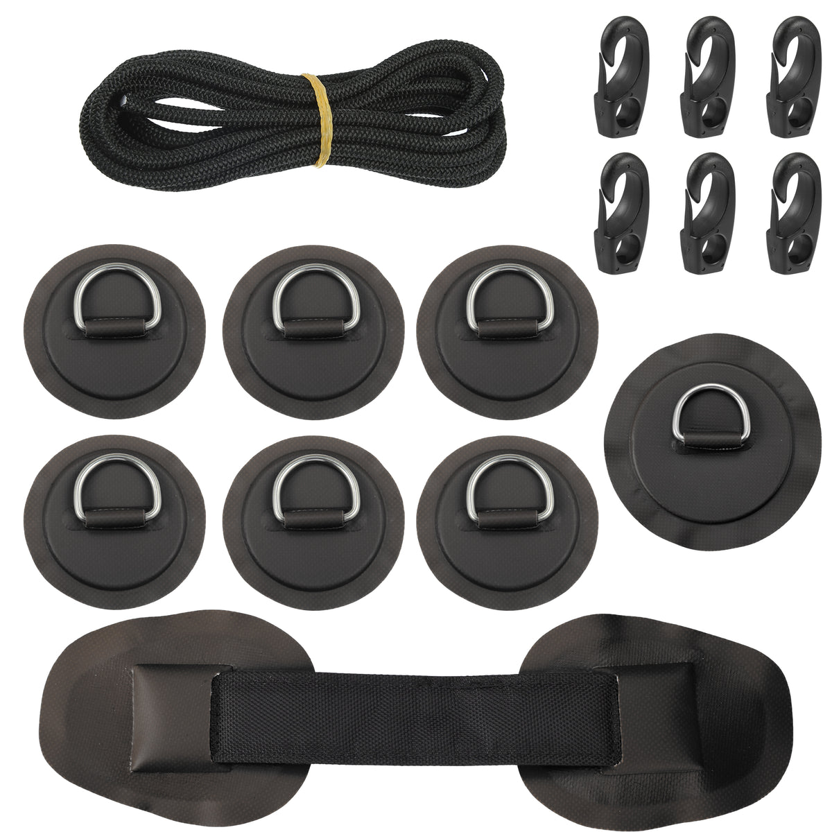 7pcs PVC Patch Round Shape D Ring 11.5ft Elastic Shock Rope with 6 Hooks Accessories for Inflatable Boat Black H97241