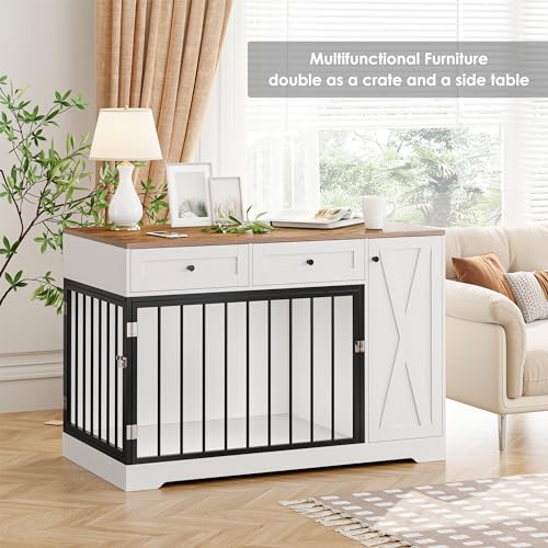 White Wooden Dog Crate with Double Doors and 2 Drawers Q475