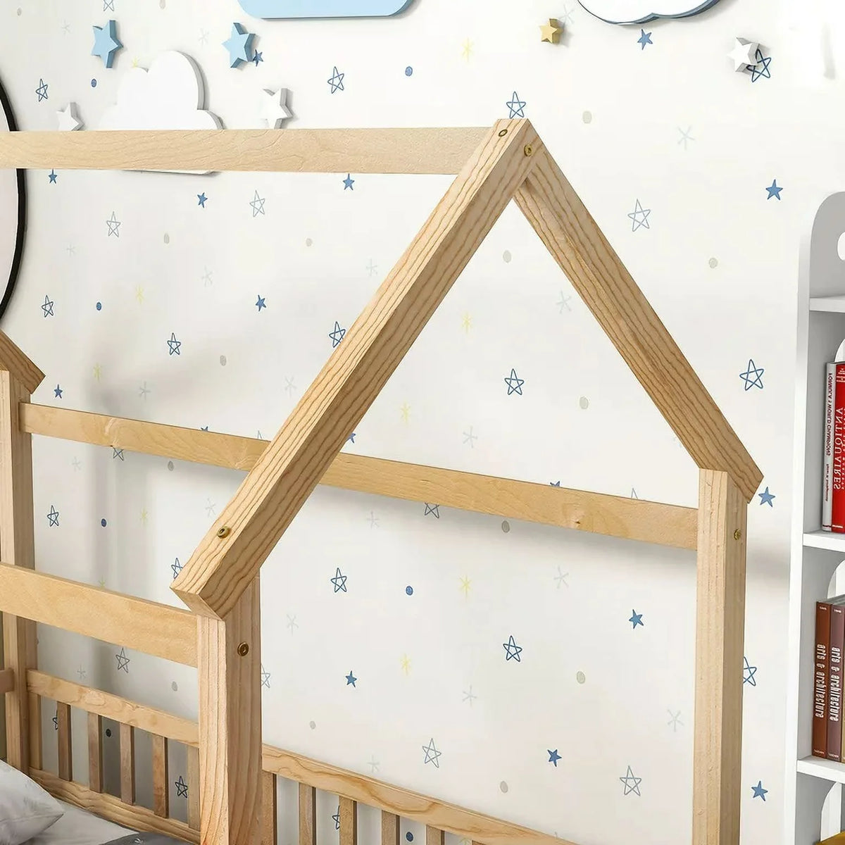 Twin Size Wood House Floor Bed with Fence Guardrails R7978